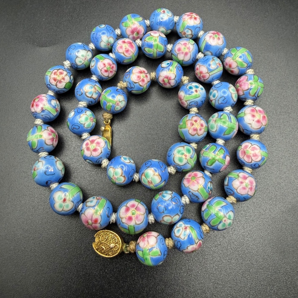 Vintage Chinese Export Necklace Cloisonne Beaded Blue Floral Beads 24in